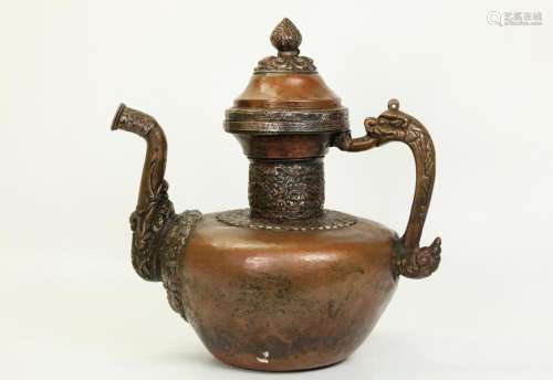 Tibetan Copper & Incised Silver Covered Ewer