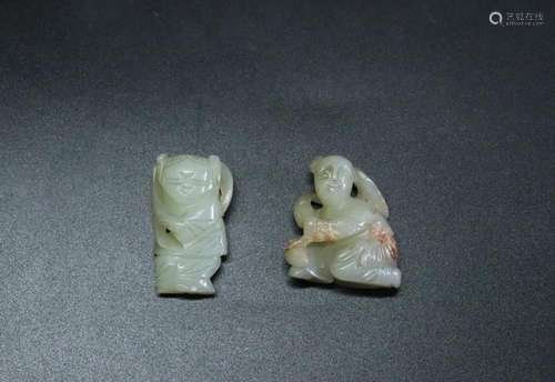 2 Chinese Qing Pale Celadon Jade Boy Toggles