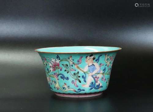 Chinese Turquoise Ground Baby Boy Porcelain Bowl