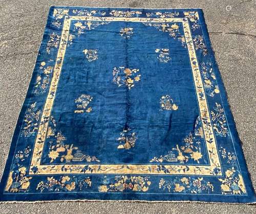 Chinese Blue Beige Wool Carpet 9 1/2 X 8'