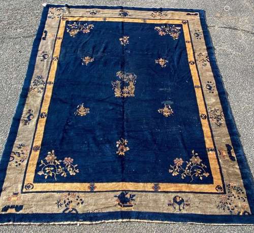 Chinese Beige & Blue Wool Carpet 9 1/2 X 8'