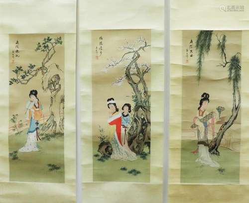 3 Chinese Silk Scroll Paintings Beautiful Ladies