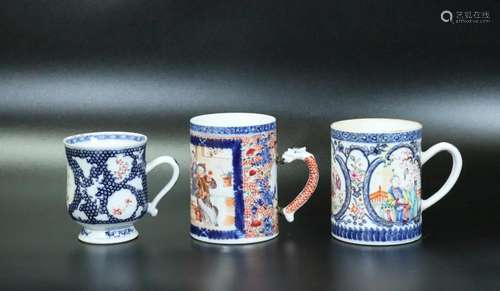 3 Chinese 18th C Export Porcelain 1 Handle Mugs