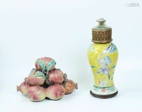 2 Chinese Enameled Porcelains; Altar Fruit, Vase
