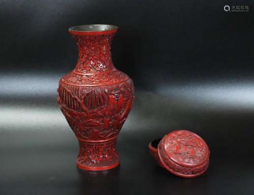 2 Chinese Red Cinnabar Lacquers; Vase & Round Box