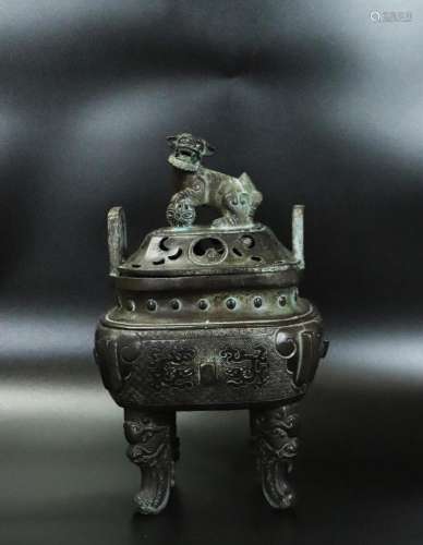 Chinese 4 Sided Bronze Incense Burner & Cover