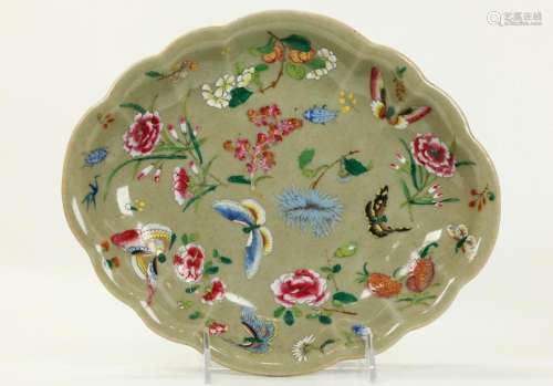 Chinese 19th C Scalloped Enameled Celadon Plate
