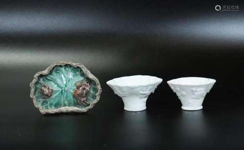 3 Chinese Porcelains; Ink Palette, 2 Cups