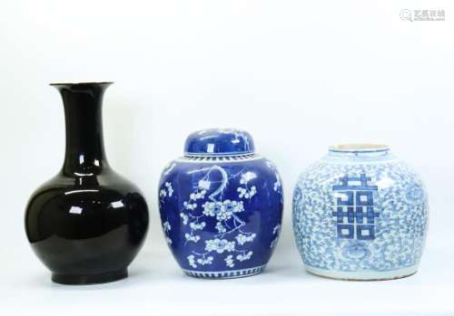 2 Chinese Blue White Porcelain Jars; 1 Black Vase