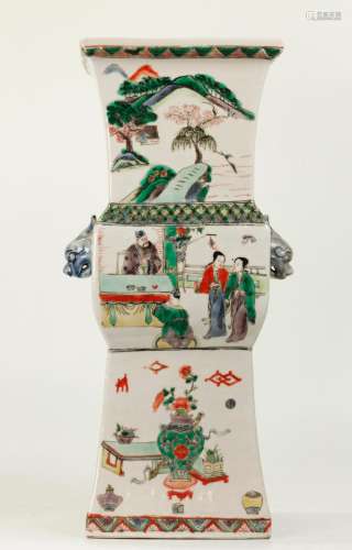 Chinese Famille Verte Porcelain 4 Sided Vase