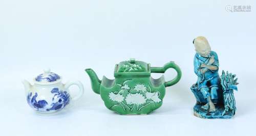 2 Chinese Porcelain Teapots Turquoise Glaze Figure