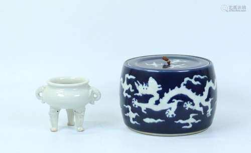 Chinese Blue Glaze Porcelain Jar; White Censer