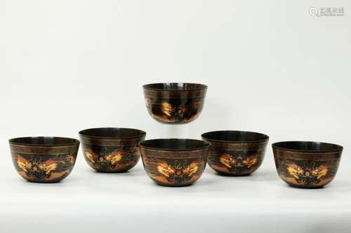 6 Fine Chinese Double Dragon Lacquer Bowls