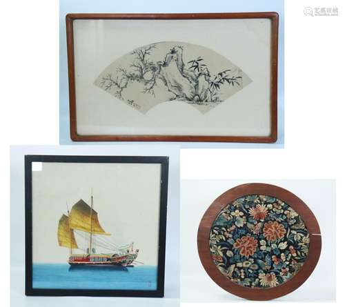 Chinese Ink Fan Painting, Ship, Embroidery