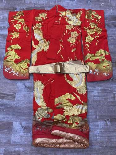 Hand Made Japanese Red & Gold Silk Gown with Belt