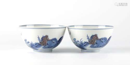 Pr Chinese Blue & White Copper Red Glazed Bowls