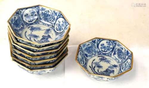 Eight Chinese Blue & White Octagonal Bowls