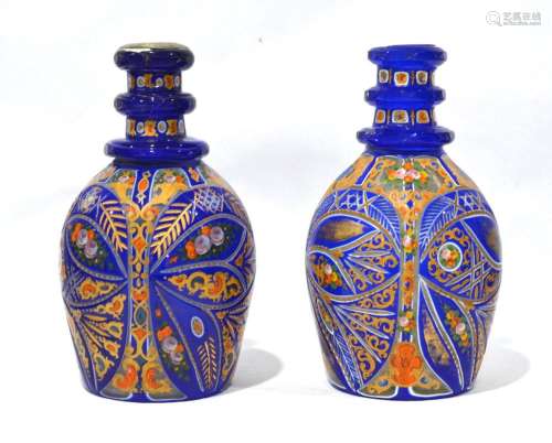 Pr Bohemian Enamel Blue Glass Vases