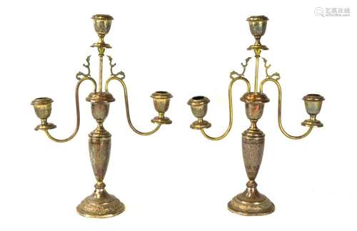 Pr Antique Silver Plated Three-Lite Candelabras