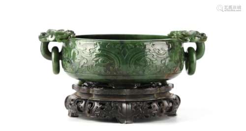 Chinese Spinach Jade Censer on Wood Stand