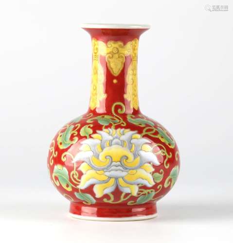 Chinese Famille Rose Red Ground Vase