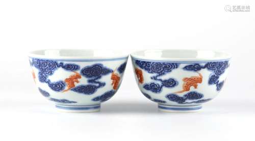 Pr Chinese Blue & White Iron Red Bowls