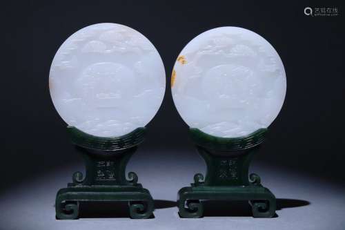 A Pair of Hetian Jade with Jasper Base Taiping and Elephant ...