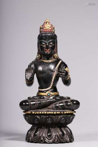 Seated Avalokitesvara in Black Stone and Colored Inlaid Trea...