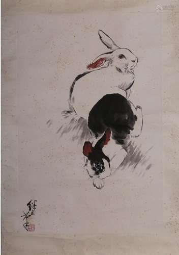 Liu Jishao black and white double rabbit picture