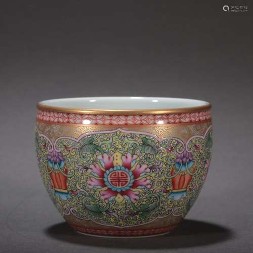 Reflowed enamel teacup with twigs and treasure-shaped patter...