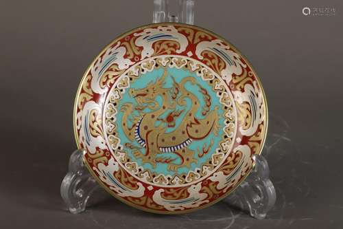 Dish with gold and seawater dragon pattern on red ground