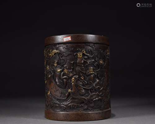 Gilt Bronze Body Eight Immortals Birthday Pen Holder