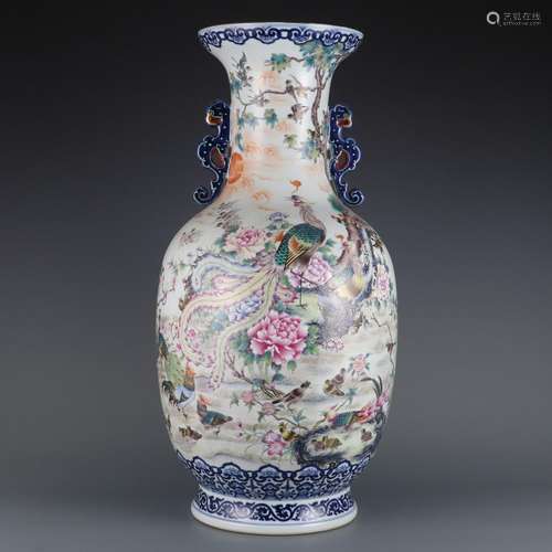 Blue and white and pastel amphora with a hundred birds and p...