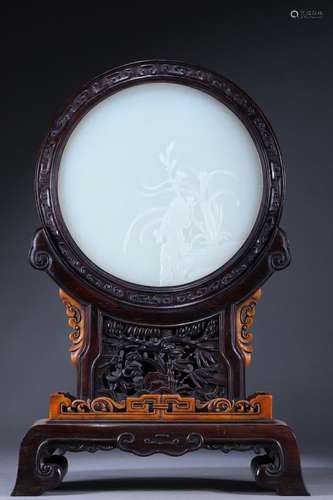 Hetian jade mahogany base white jade screen