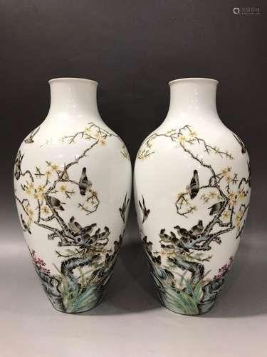 Pair of pastel flower and bird vases