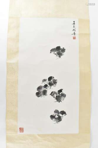 A Chinese scroll black ink painting of chicks, with artist&#...