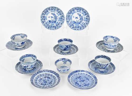 Six Chinese Qing dynasty blue and white cups and saucers, 18...