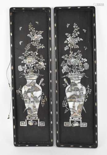 A pair of Chinese mother-of-pearl inlaid decorative panels, ...