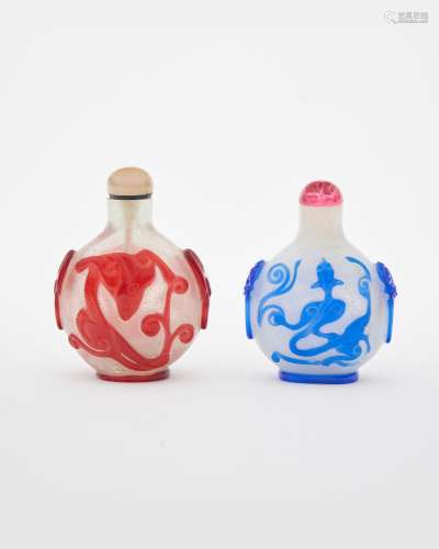 A red glass and a blue glass overlay snuff bottles Late Qing...