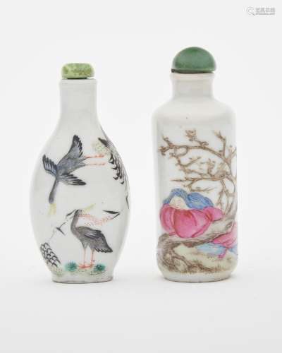 Two famille-rose snuff bottles one with Jurentang mark, Repu...