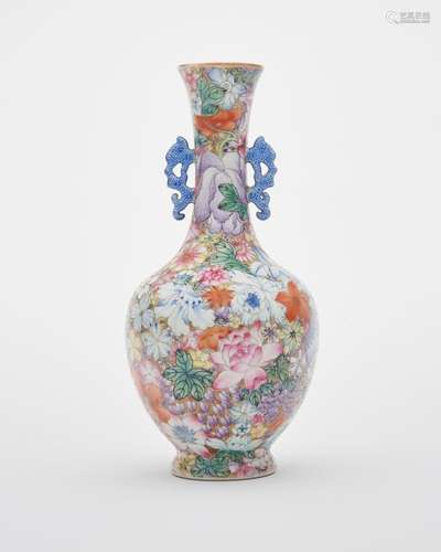 A famille-rose 'millefleur' vase Qianlong six-character iron...