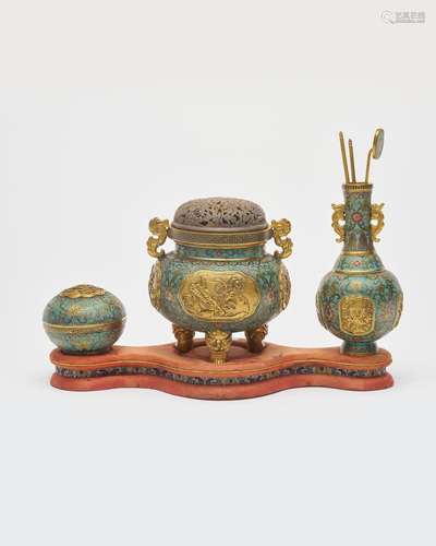 A suite of cloisonne incense burner, container, and vase Qia...