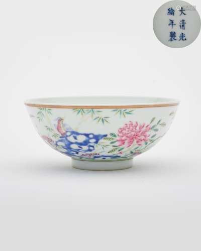 A famille-rose 'peacock' bowl Guangxu six-character mark