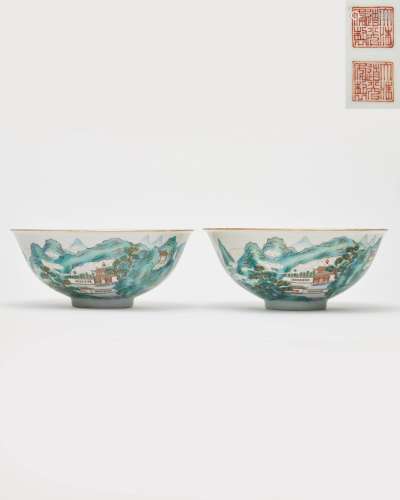 A pair of famille-rose 'landscape' bowls Daoguang six-charac...