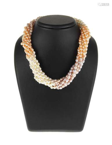 *Collier multi-rangs torse de perles blanches, rosées