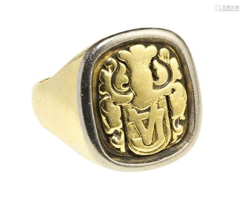 Bague chevalière monogrammée JV<br />
Or et or gris 750, do