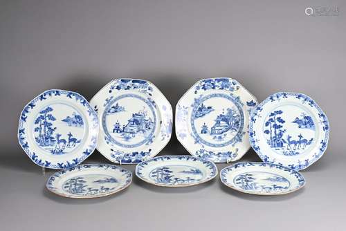 SEVEN CHINESE BLUE AND WHITE EXPORT PORCELAIN DISHES, 18TH C...