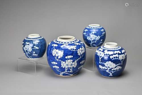 FOUR CHINESE BLUE AND WHITE PORCELAIN PRUNUS JARS, 19/20TH C...