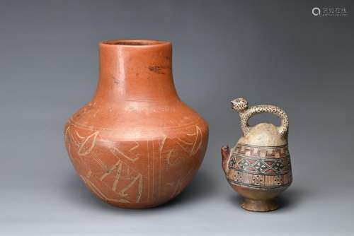 TWO POTTERY ITEMS, POSSIBLY SOUTH AMERICAN. Peru or Pre-Colu...