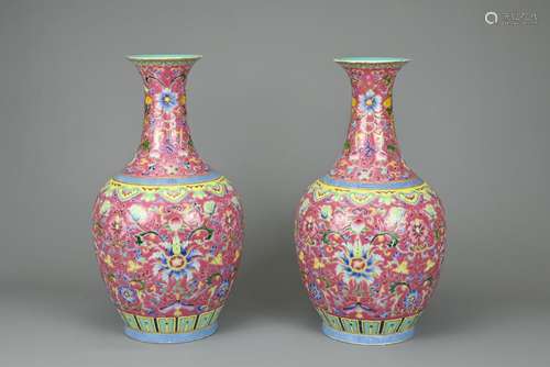 A PAIR OF CHINESE RUBY GROUND PORCELAIN VASES, DAOGUANG MARK...